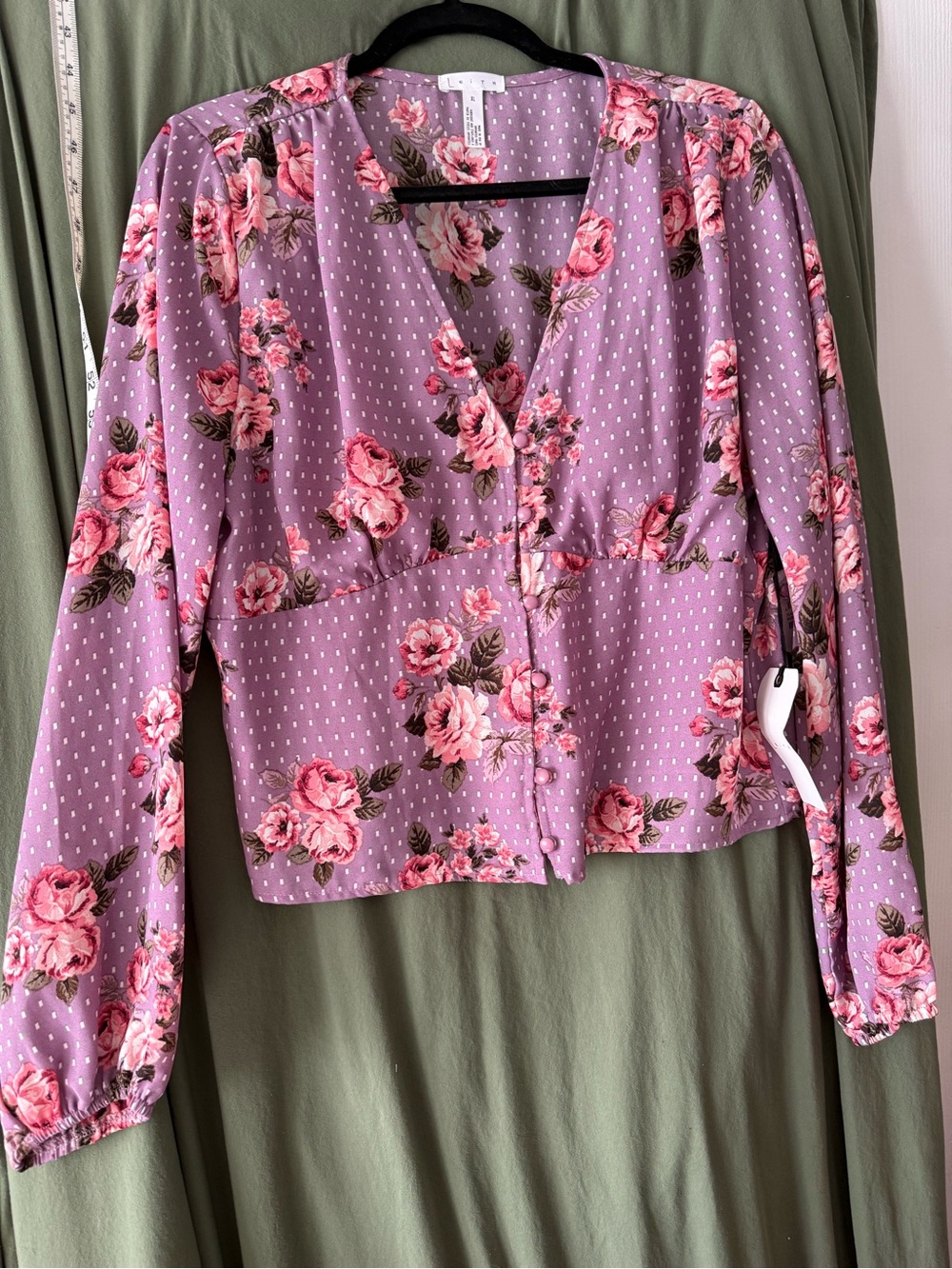 Leith Floral V-Neck Long Sleeve Blouse - Lavender with Pink Roses sz XL